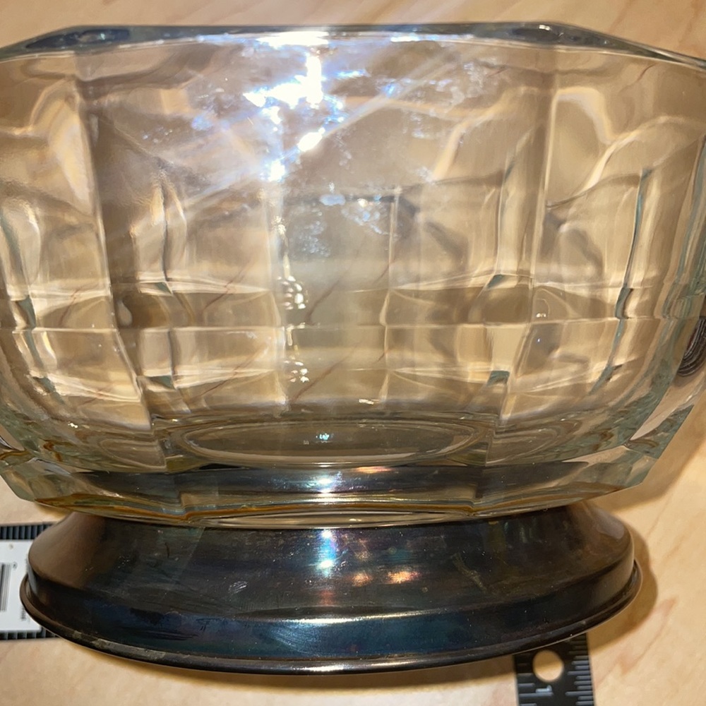 VINTAGE DECAGON 9” CRYSTAL BOWL..6” ACROSS SILVER PLAYED FOOTED PEDESTAL